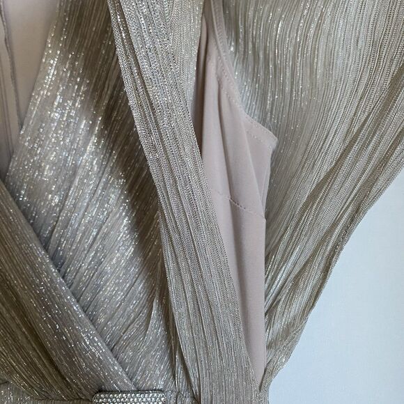 Joseph Ribkoff Midi Dress Sz 10 Silver V Neck Half Sleeve Ruched Bride Mother - Picture 6 of 11